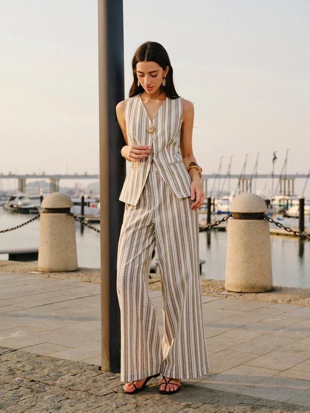 Commense Linen & Cotton Mid-Waist Striped Wide-Leg Pants - Picture 1 of 4